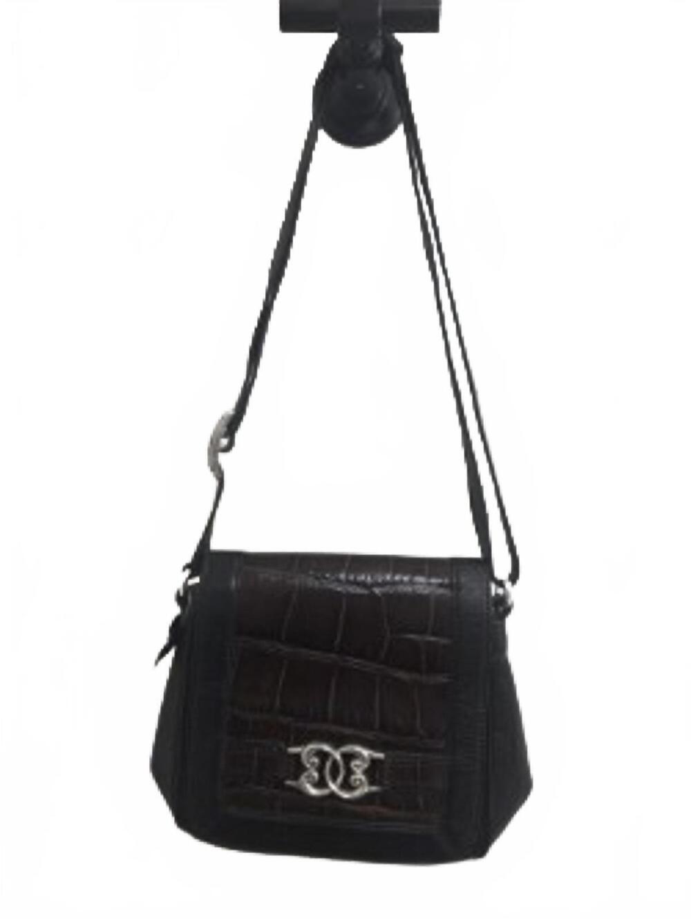 Brighton Black Leather Crossbody Bag with Croc-Embossed Flap and Silver Hardware